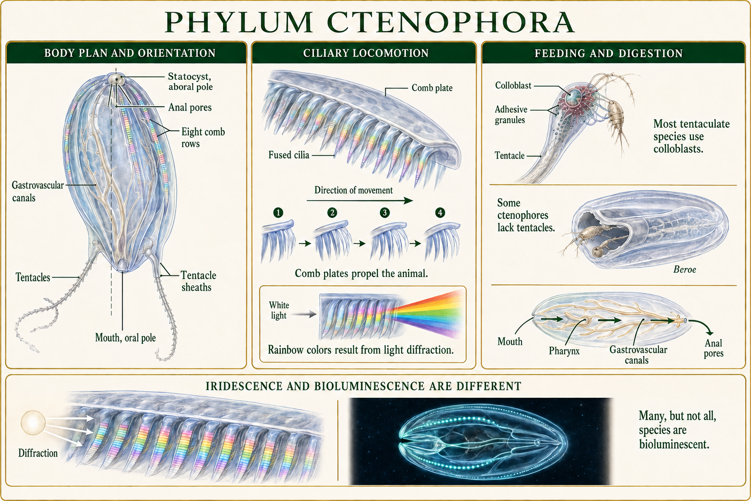 Comb jelly anatomy showing comb rows, statocyst, colloblast feeding, digestive canals, iridescence, and bioluminescence.