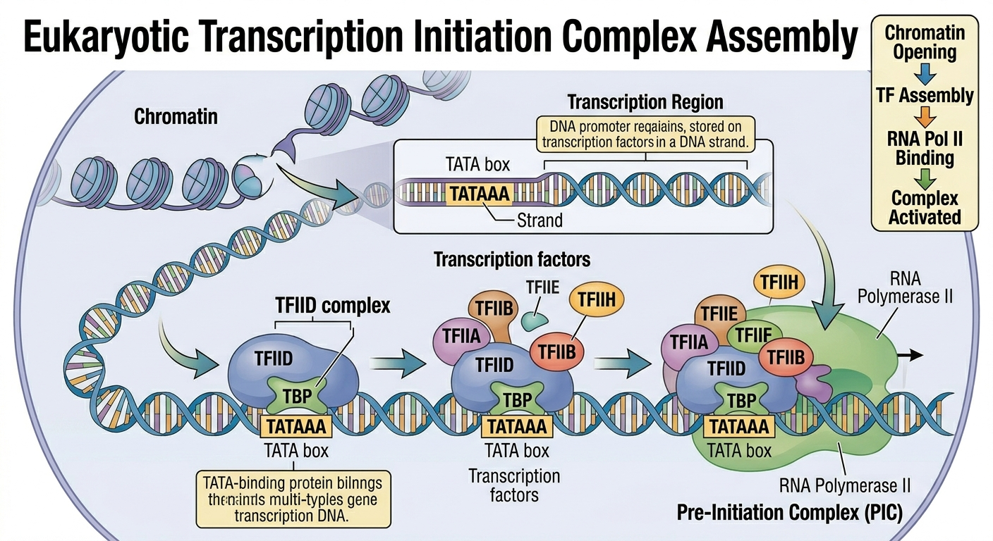 Eukaryotic transcription requires assembly of transcription factors and RNA polymerase II at the promoter.