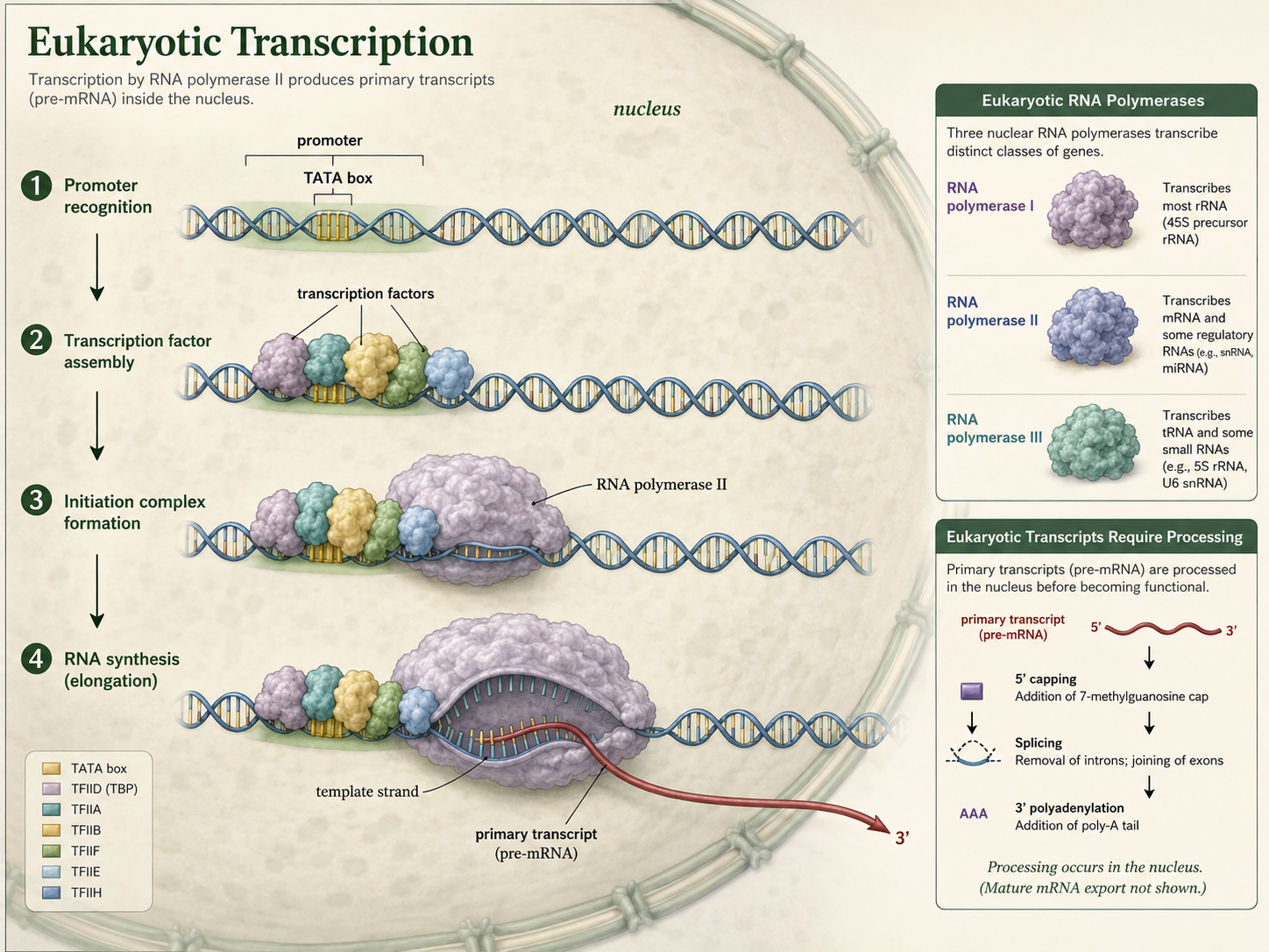 Transcription factors and RNA polymerase II assemble at a eukaryotic promoter inside the nucleus.