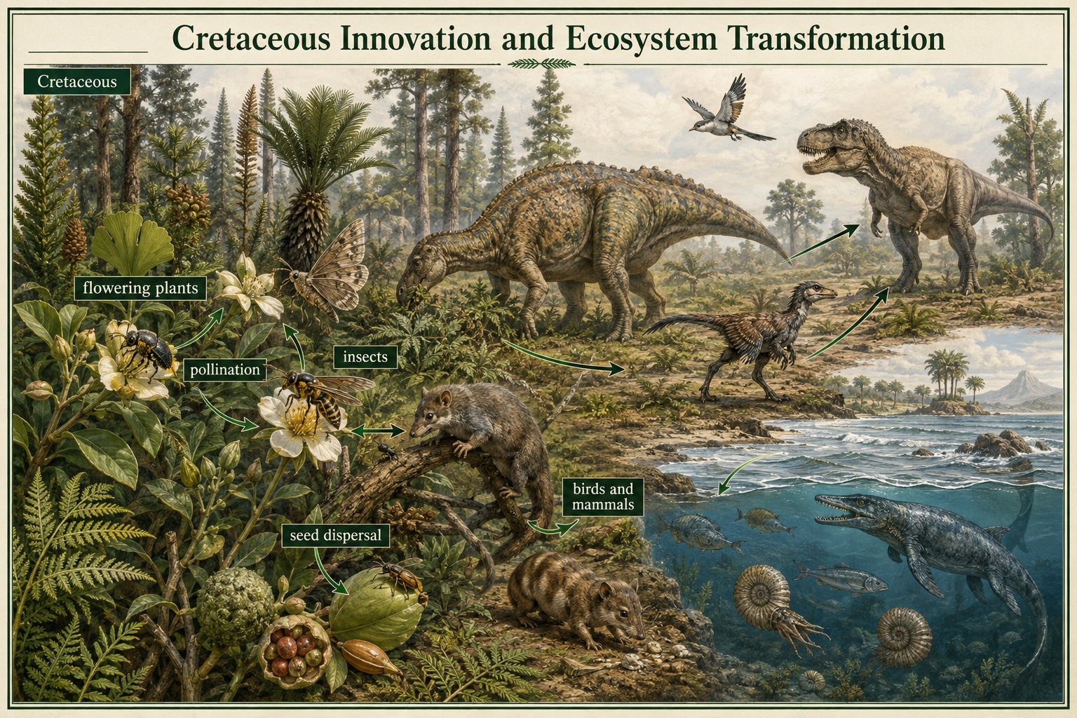 Cretaceous flowering plants interact with pollinating insects while birds, mammals, and dinosaurs diversify.