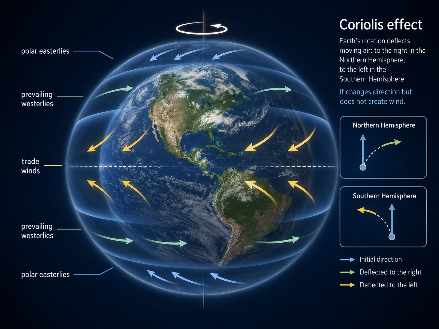 A rotating Earth diagram shows moving air deflected right in the Northern Hemisphere and left in the Southern Hemisphere, forming global wind belts.