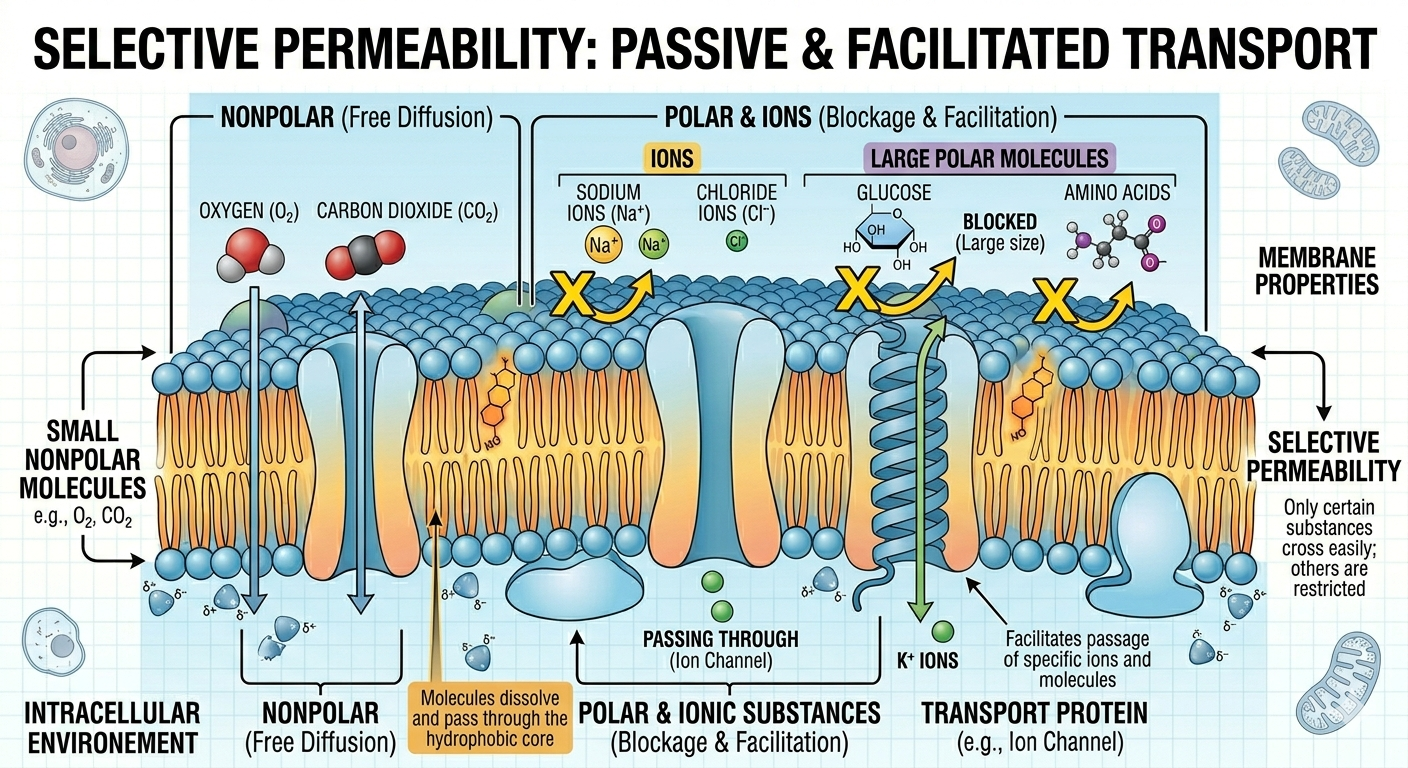 Cell membranes allow some substances to cross easily while restricting others.