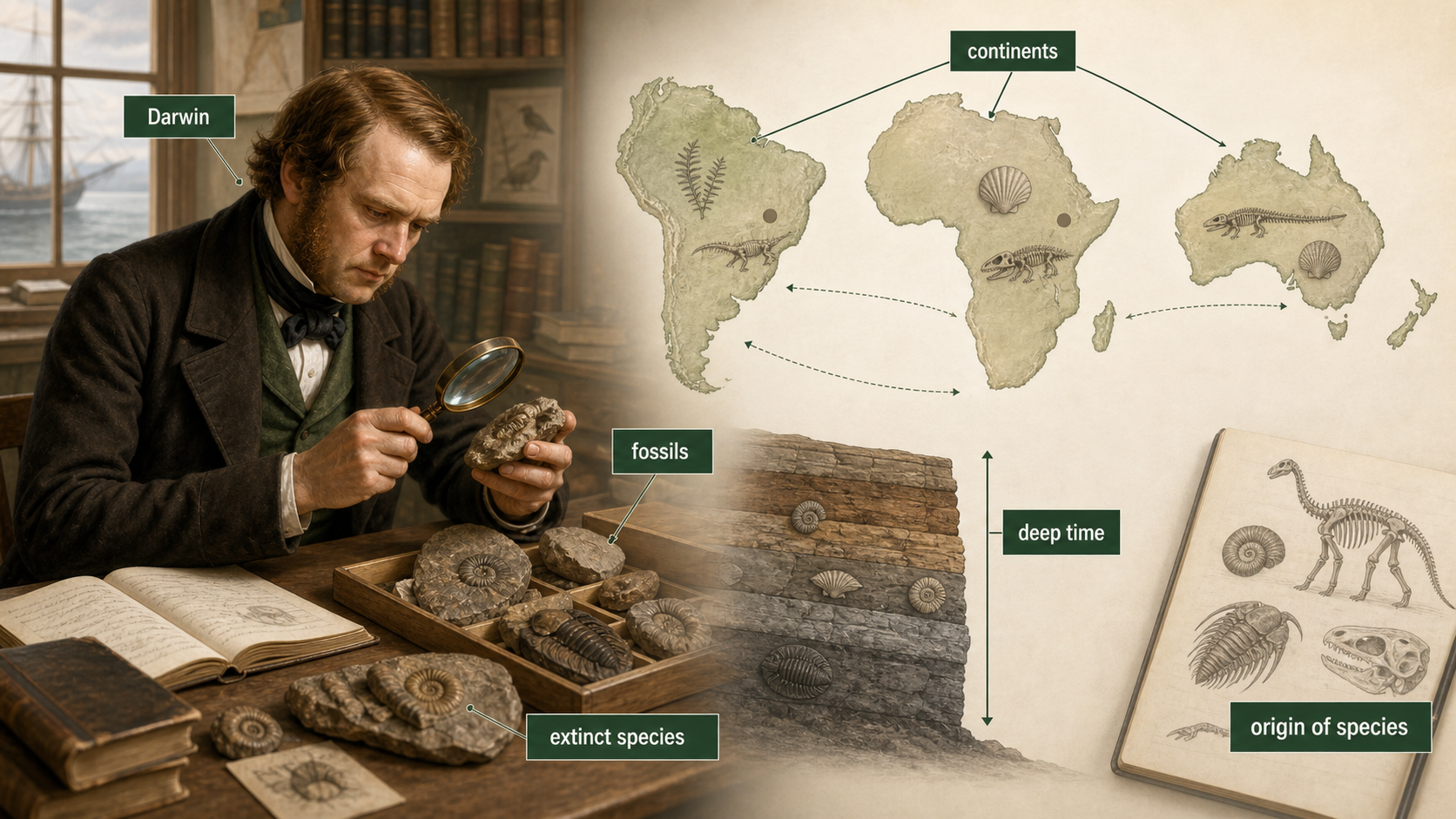 Darwin studies fossils beside a map of separated continents, showing evidence that challenged fixed species.