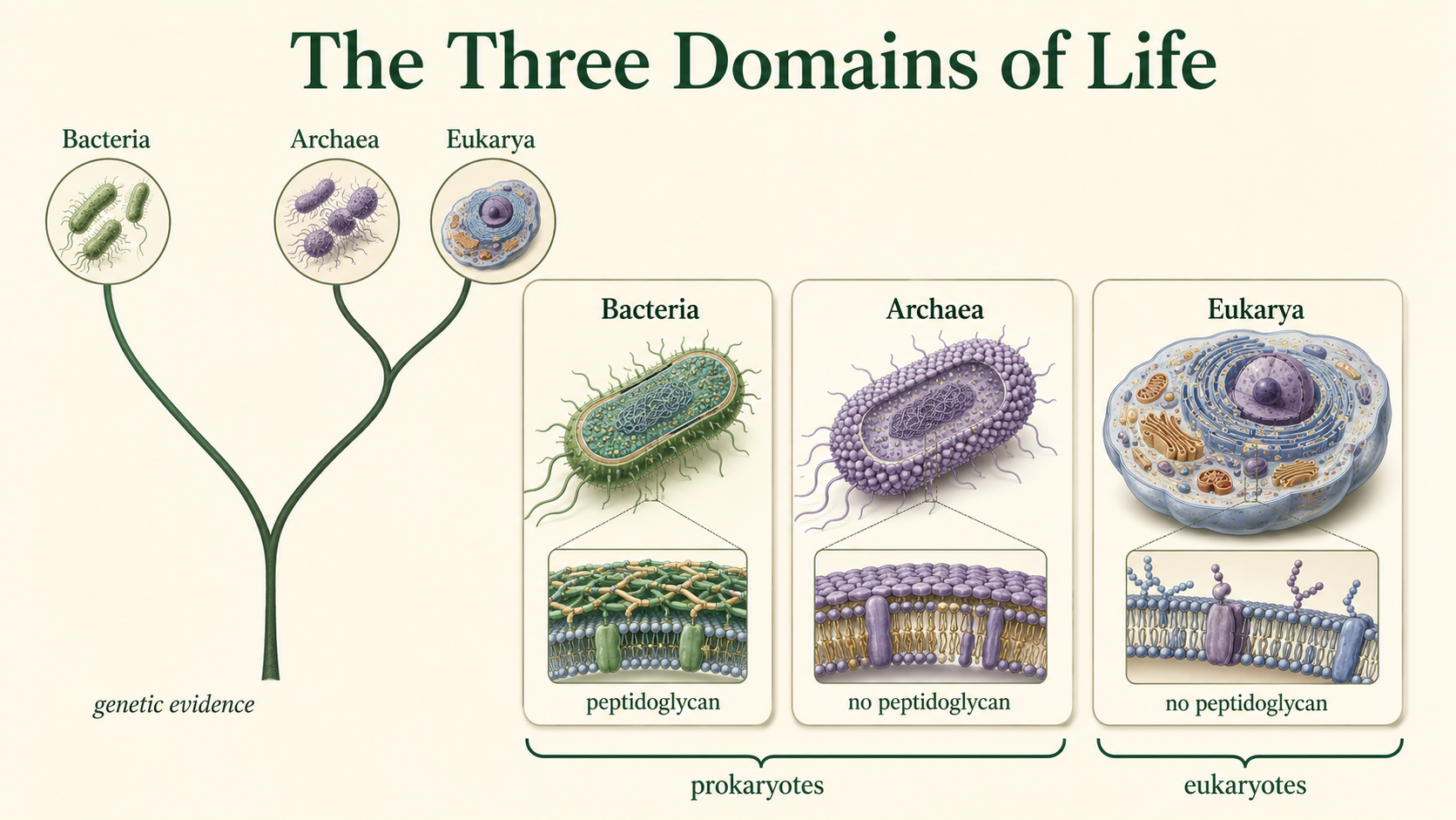 The three domains show bacteria, archaea, and eukaryotes, with archaea genetically closer to eukaryotes.