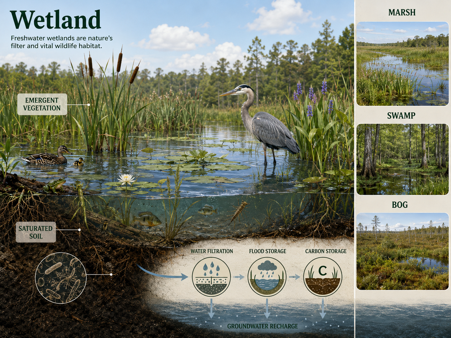 A wetland scene shows shallow water, saturated soil, emergent plants, birds, amphibians, fish, insects, and arrows representing filtration, flood storage, and carbon storage.