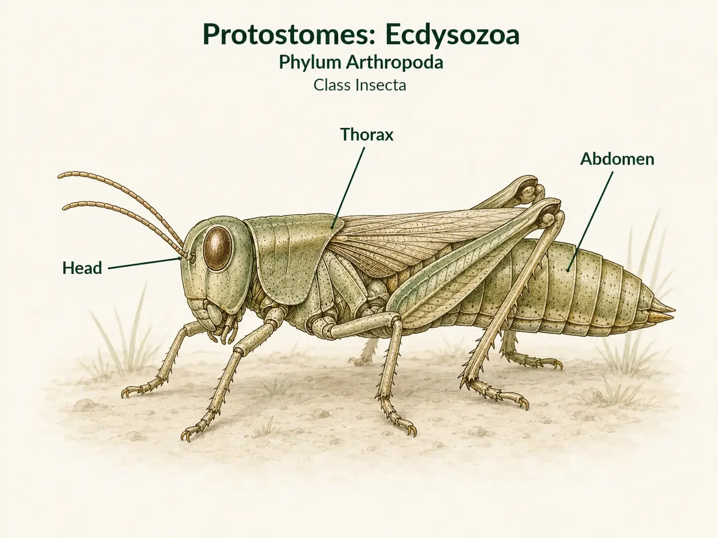 An insect labeled with three main body regions: head, thorax, and abdomen.
