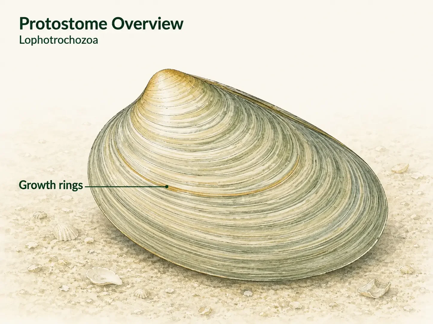 Clam shell with visible concentric growth rings marking successive shell growth.
