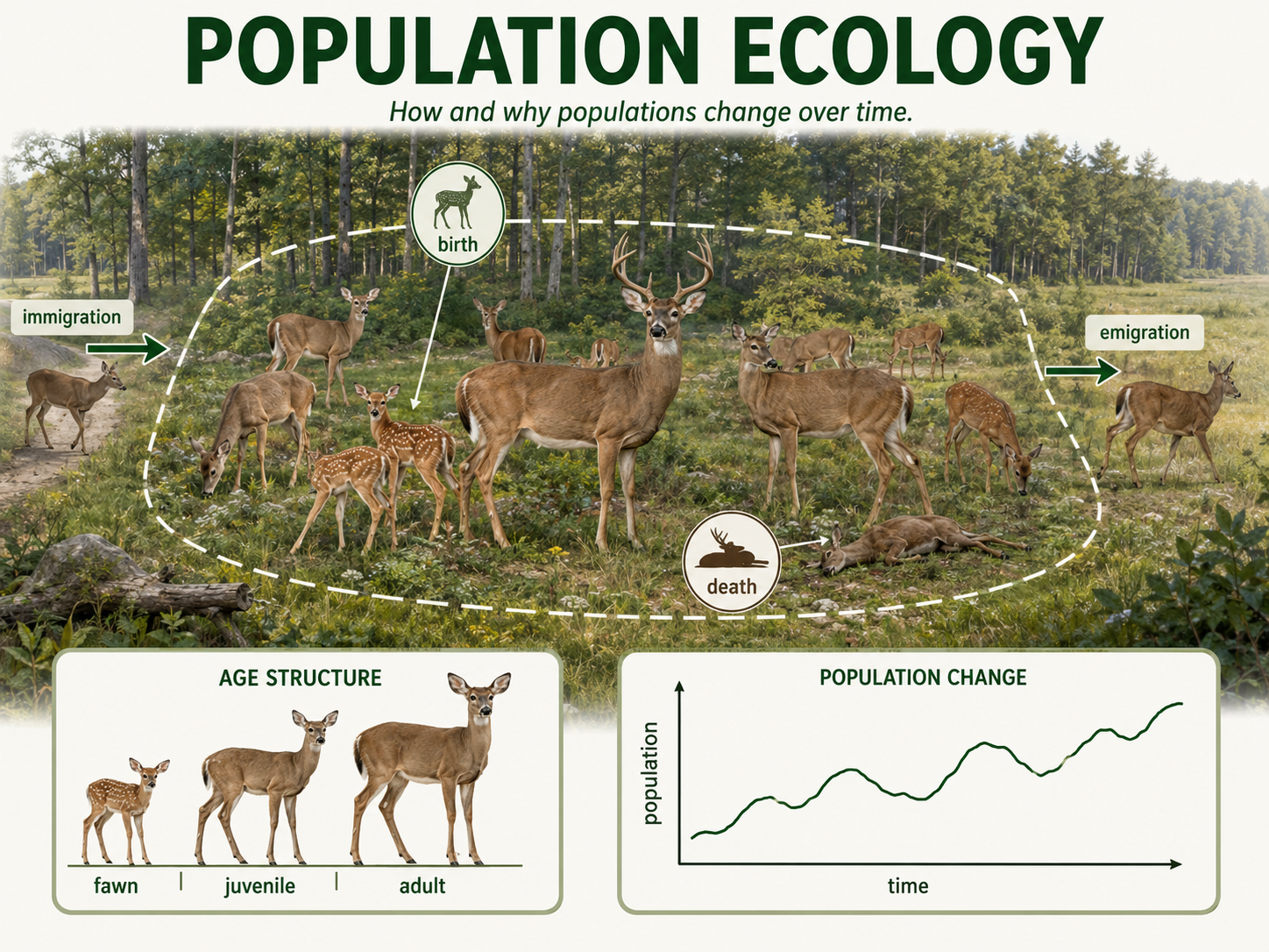 A population of one species is shown living in a defined area. Subtle arrows indicate births, deaths, immigration, and emigration, while a small inset shows population size changing over time.