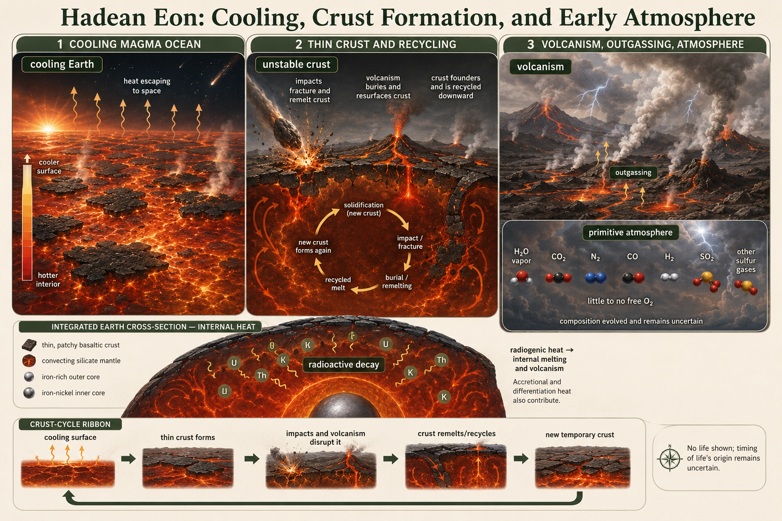 Cooling Hadean Earth forms unstable crust while volcanism and impacts recycle the surface and build a primitive atmosphere.
