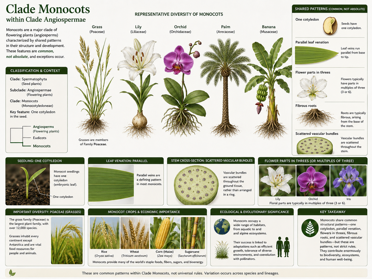 Monocots are flowering plants with one cotyledon. They often have parallel leaf venation, flower parts in threes, fibrous roots, and scattered vascular bundles. The group includes grasses, lilies, orchids, palms, and many major crop plants.
