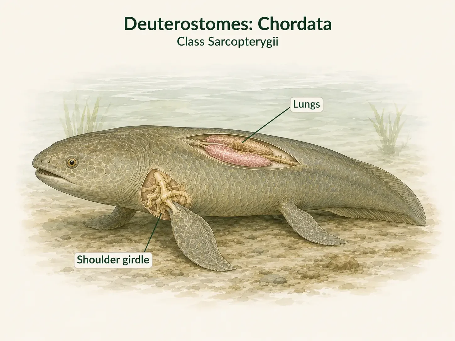 A lungfish partly out of water with a labeled shoulder girdle connecting the pectoral region to the body.