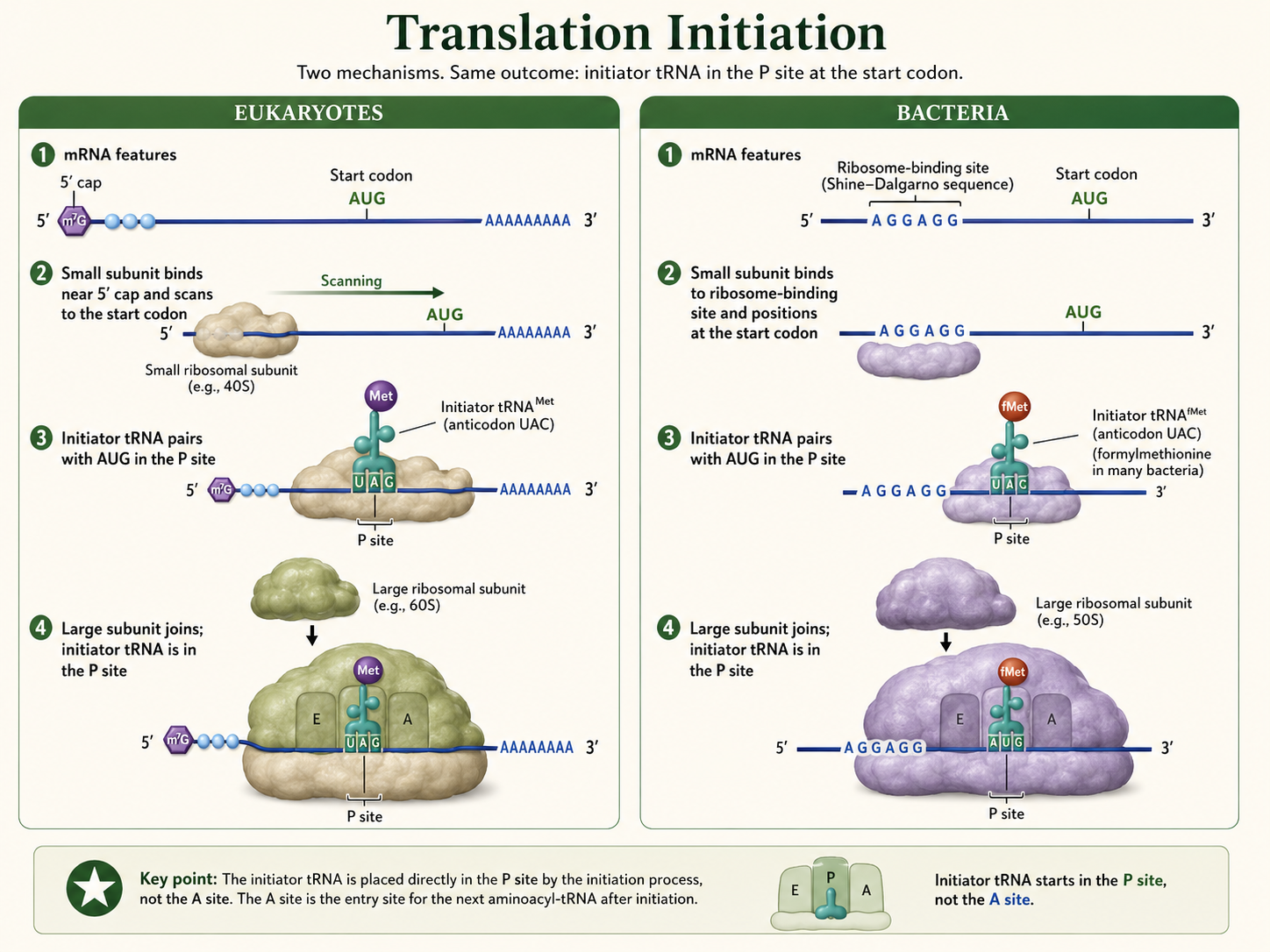 The ribosome assembles at AUG with an initiator tRNA in the P site to begin translation.