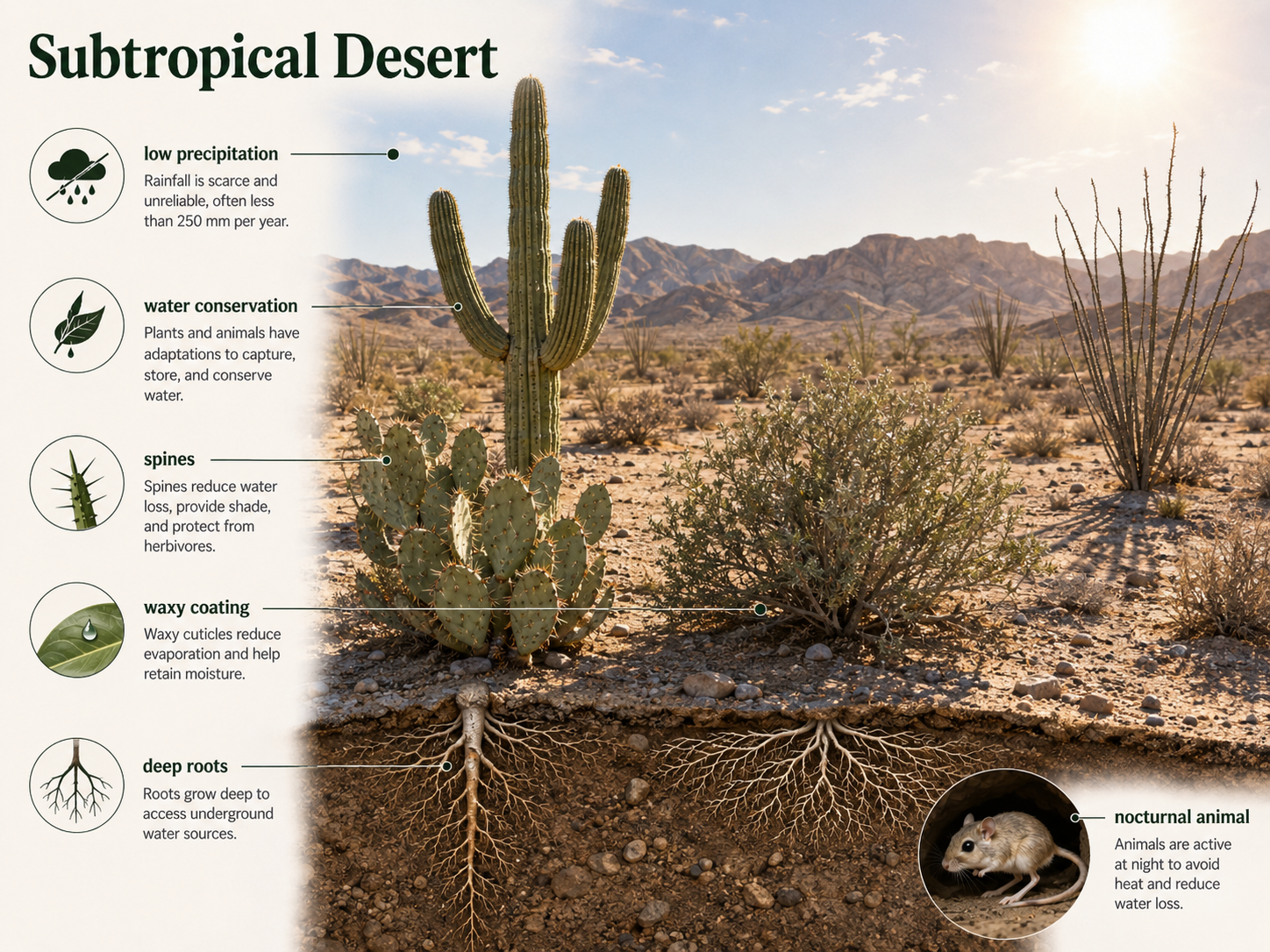 A desert scene shows widely spaced plants with roots, spines, waxy surfaces, and water-storing tissues, along with a small nocturnal or burrowing animal.