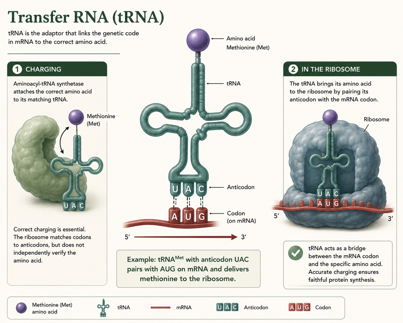 A tRNA carries an amino acid and pairs its anticodon with a complementary mRNA codon.