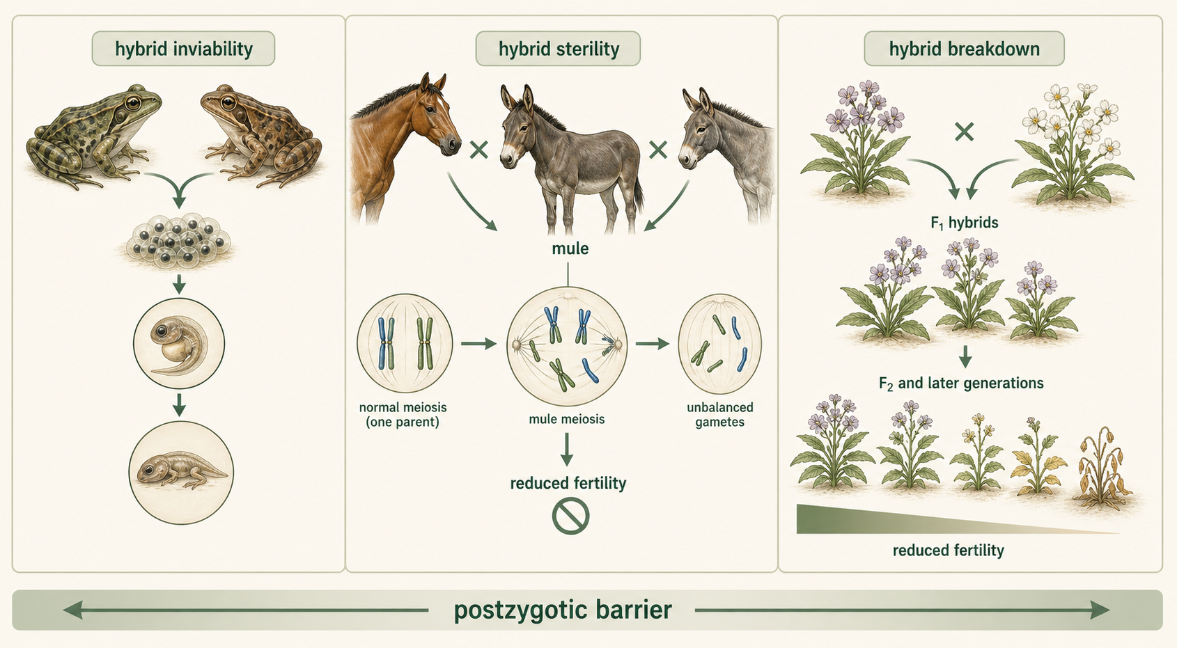 Three panels show hybrid inviability, mule sterility, and hybrid breakdown in later generations.v