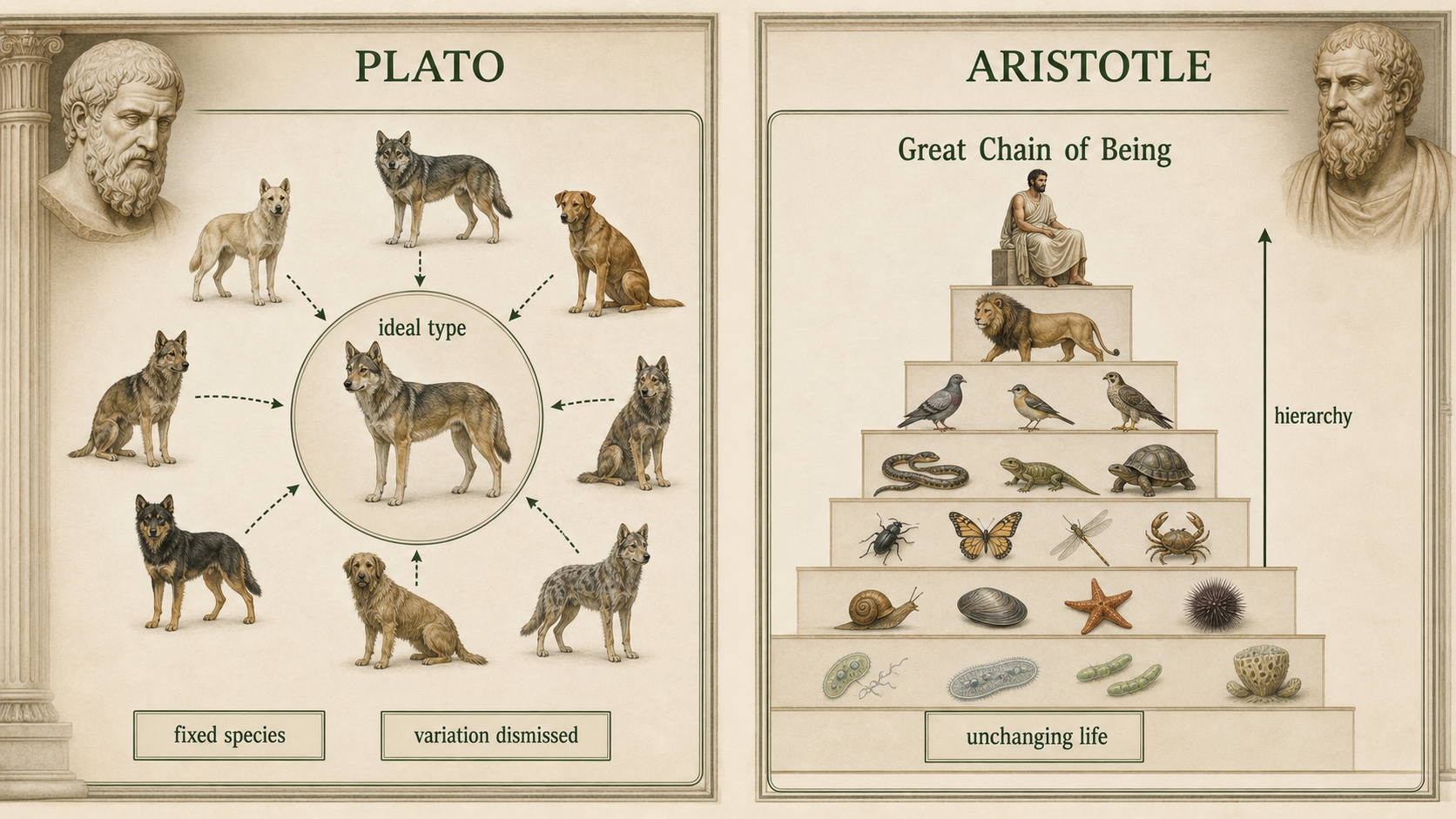 Plato’s ideal forms and Aristotle’s Great Chain of Being show fixed species arranged in a static hierarchy.