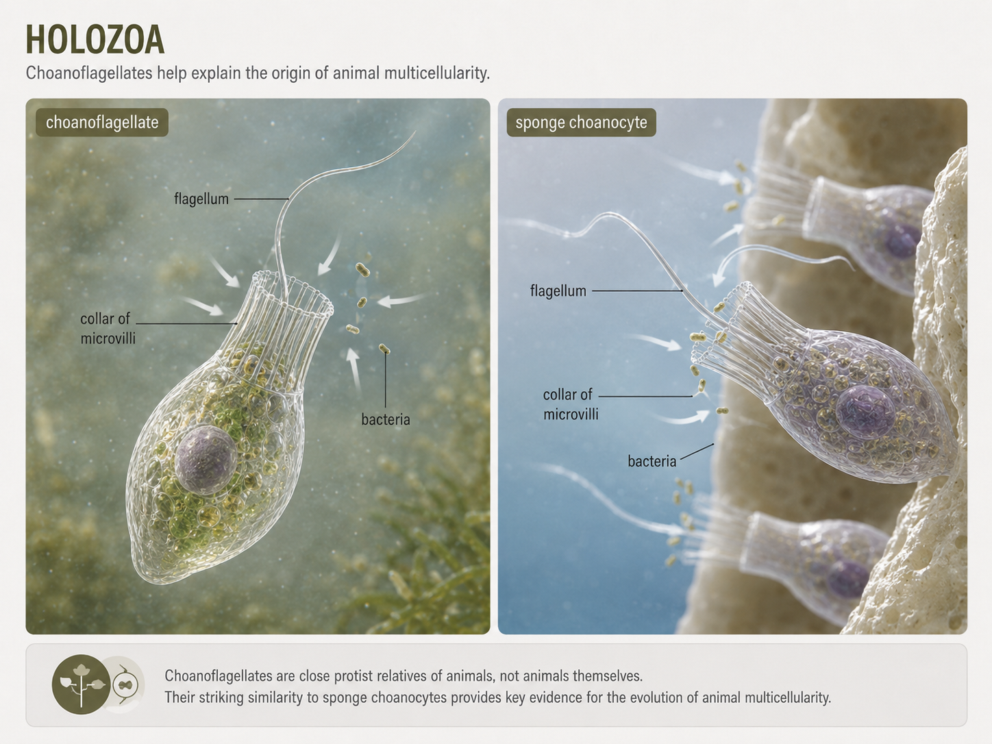 Holozoa includes animals and close relatives such as choanoflagellates. Choanoflagellates help explain the origin of animal multicellularity because their feeding cells resemble sponge choanocytes.