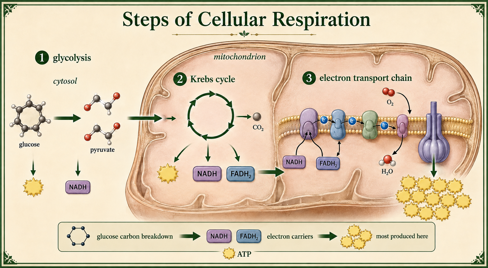 A pathway shows glycolysis in the cytosol, the Krebs cycle in the mitochondrion, and the electron transport chain making ATP.