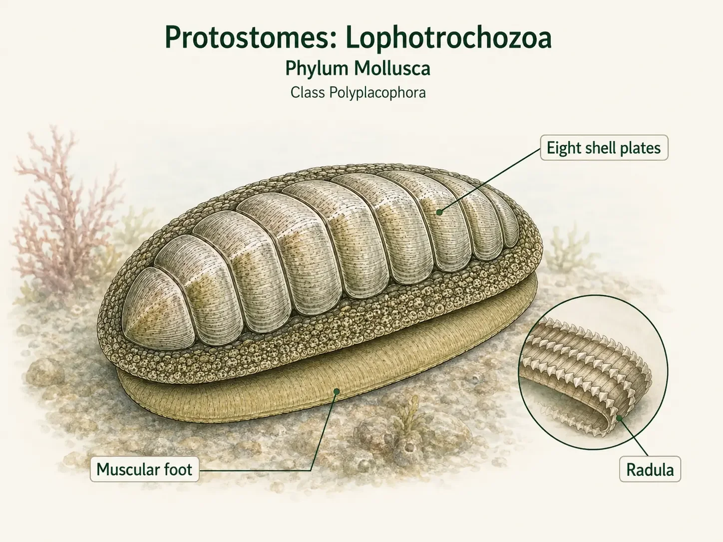 A chiton showing eight overlapping dorsal shell plates and a broad muscular foot on the underside.