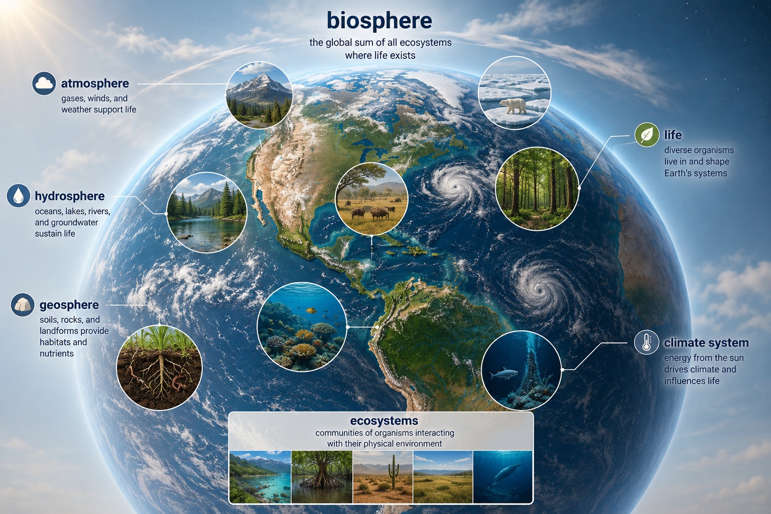 Alt text: Earth is shown with life highlighted across land, ocean, freshwater, soil, lower atmosphere, polar regions, and deep ocean. Connections show the biosphere interacting with air, water, rock, and climate.