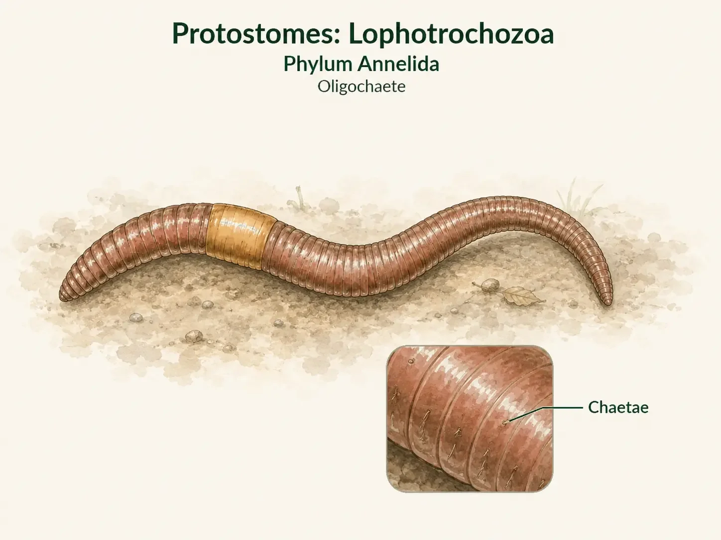 An earthworm with a long cylindrical segmented body and an enlarged view of small chaetae.