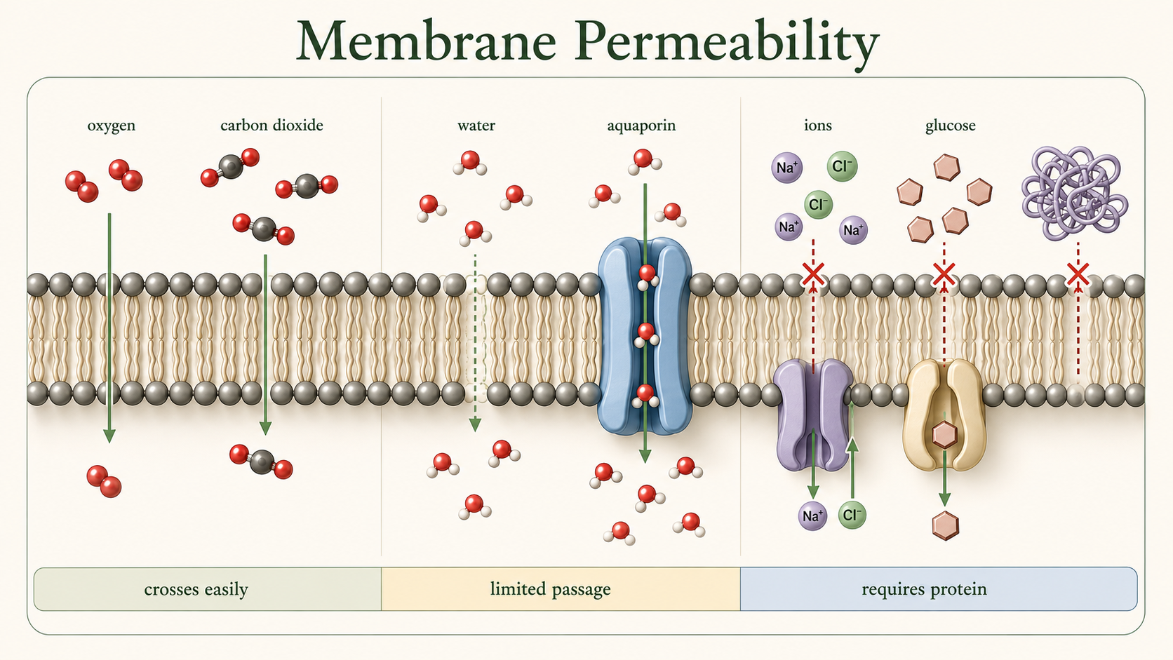 Oxygen crosses a membrane directly, water crosses slowly or through aquaporins, and ions and glucose require transport proteins.