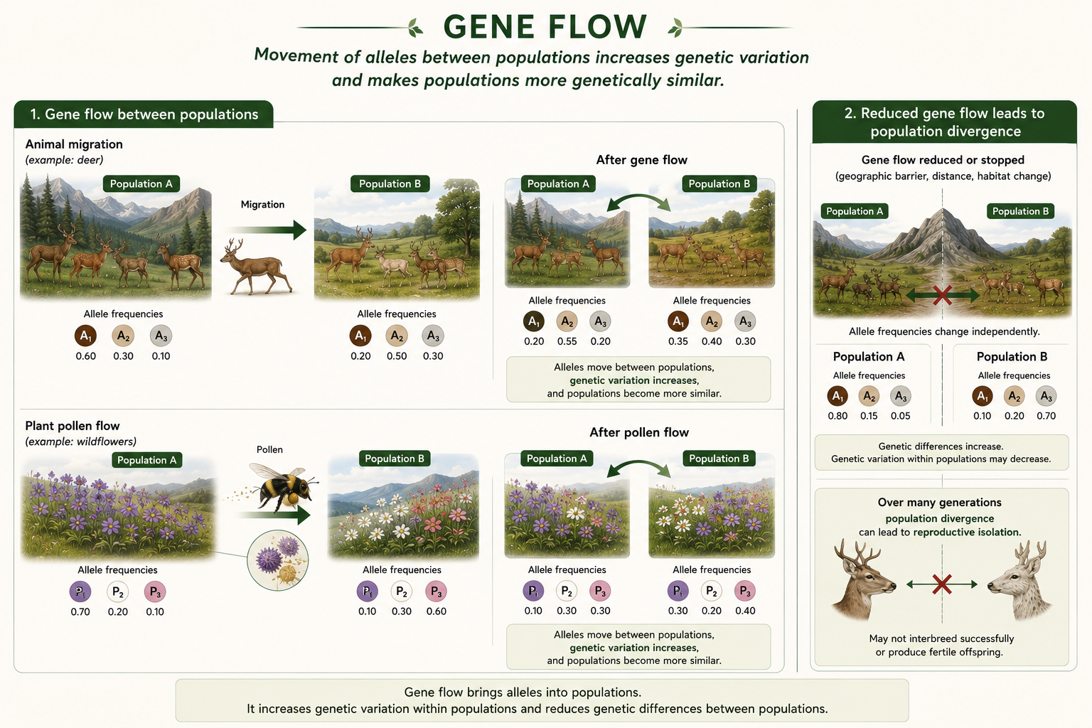 Two populations exchange alleles through migration and pollen movement, increasing variation and reducing genetic differences.