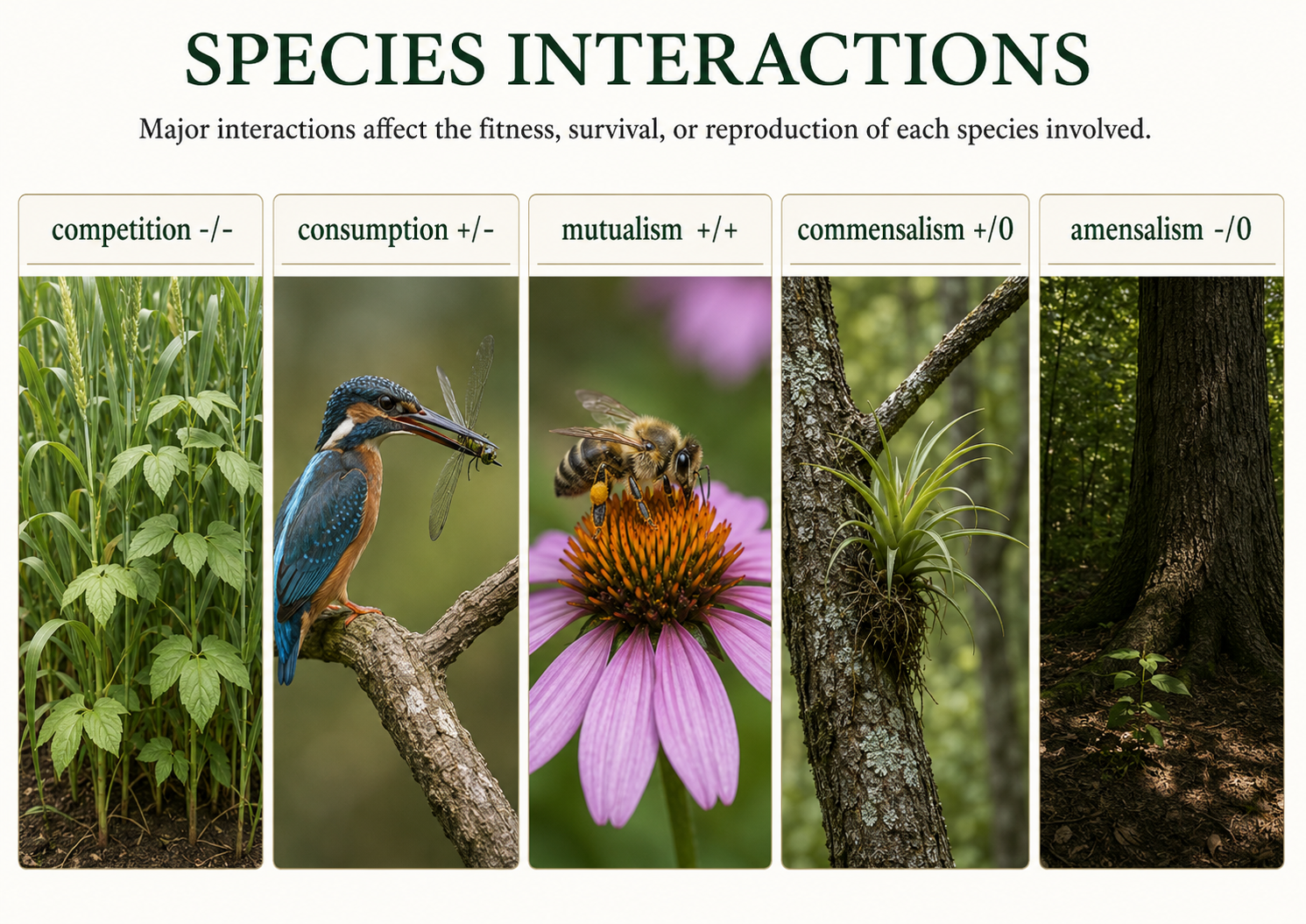 competing for light, a predator eating prey, a bee pollinating a flower, an epiphyte growing on a tree, and a large tree shading a smaller plant. Small plus, minus, and zero symbols summarize the effect on each species.