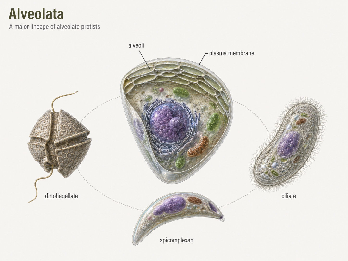 Alveolates are SAR eukaryotes with membrane sacs called alveoli beneath the cell surface. The group includes dinoflagellates, ciliates, and apicomplexans, which differ greatly in ecology and body organization.