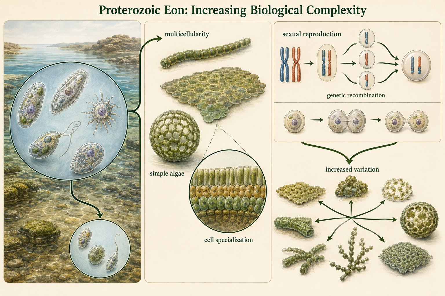 Simple multicellular algae and sexual reproduction are shown as Proterozoic innovations that increased complexity and genetic variation.