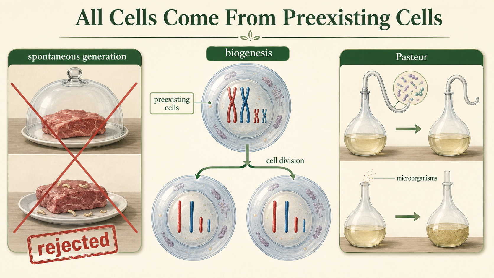A parent cell divides into daughter cells, contrasted with Pasteur’s evidence against spontaneous generation.