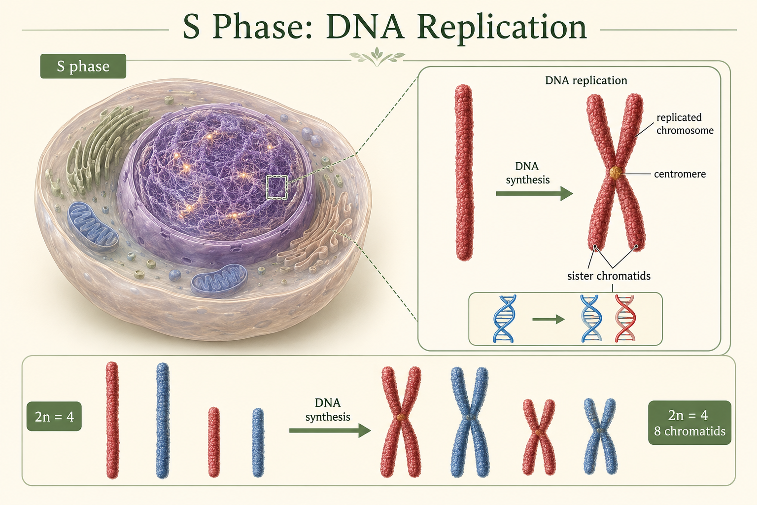 S phase shows DNA replication, converting each chromosome into a replicated chromosome composed of two sister chromatids joined at the centromere.