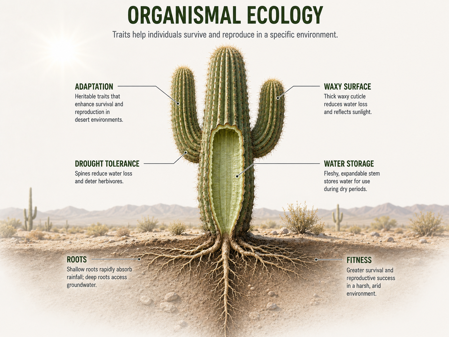 Alt text: A desert plant is shown with drought-adapted traits such as waxy surfaces, reduced leaves or spines, water-storing tissue, and roots reaching into dry soil.