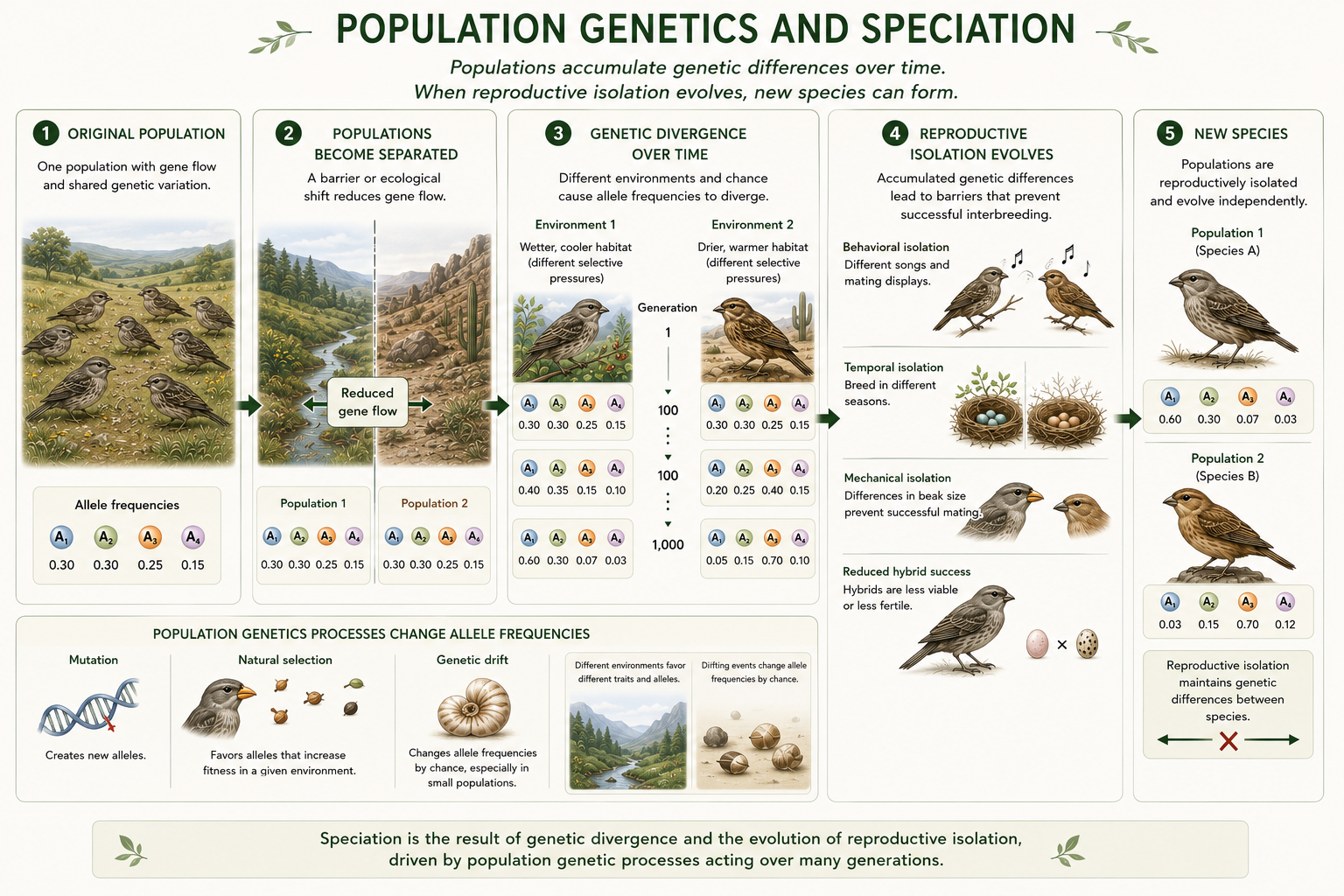 One population splits into two, gene flow decreases, allele frequencies diverge, and reproductive isolation forms over generations.