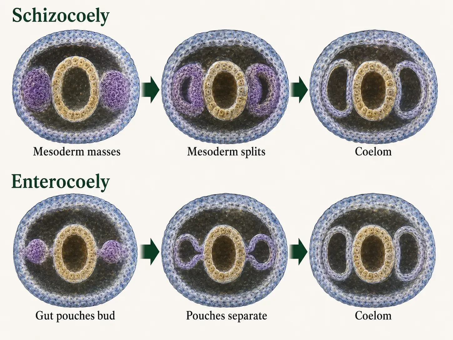 Embryo cross-sections compare schizocoely, in which spaces open within solid mesoderm, with enterocoely, in which gut-wall pouches bud outward and separate; both form mesoderm-lined coeloms.