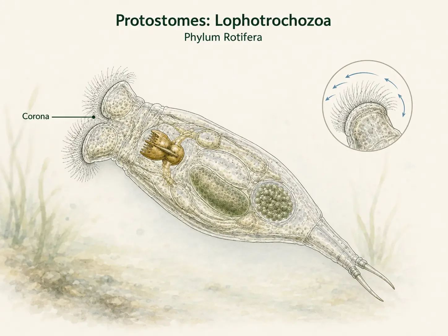 Rotifer with a ciliated corona at the anterior end of the body.