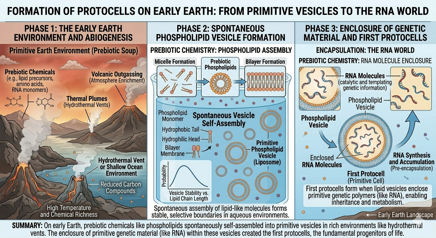 Primitive membrane vesicles may have enclosed self-replicating molecules during the origin of the first cells.
