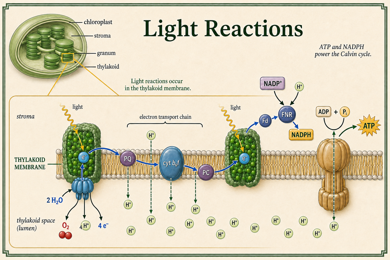 Light reactions split water, release oxygen, move electrons, build a proton gradient, and produce ATP and NADPH.