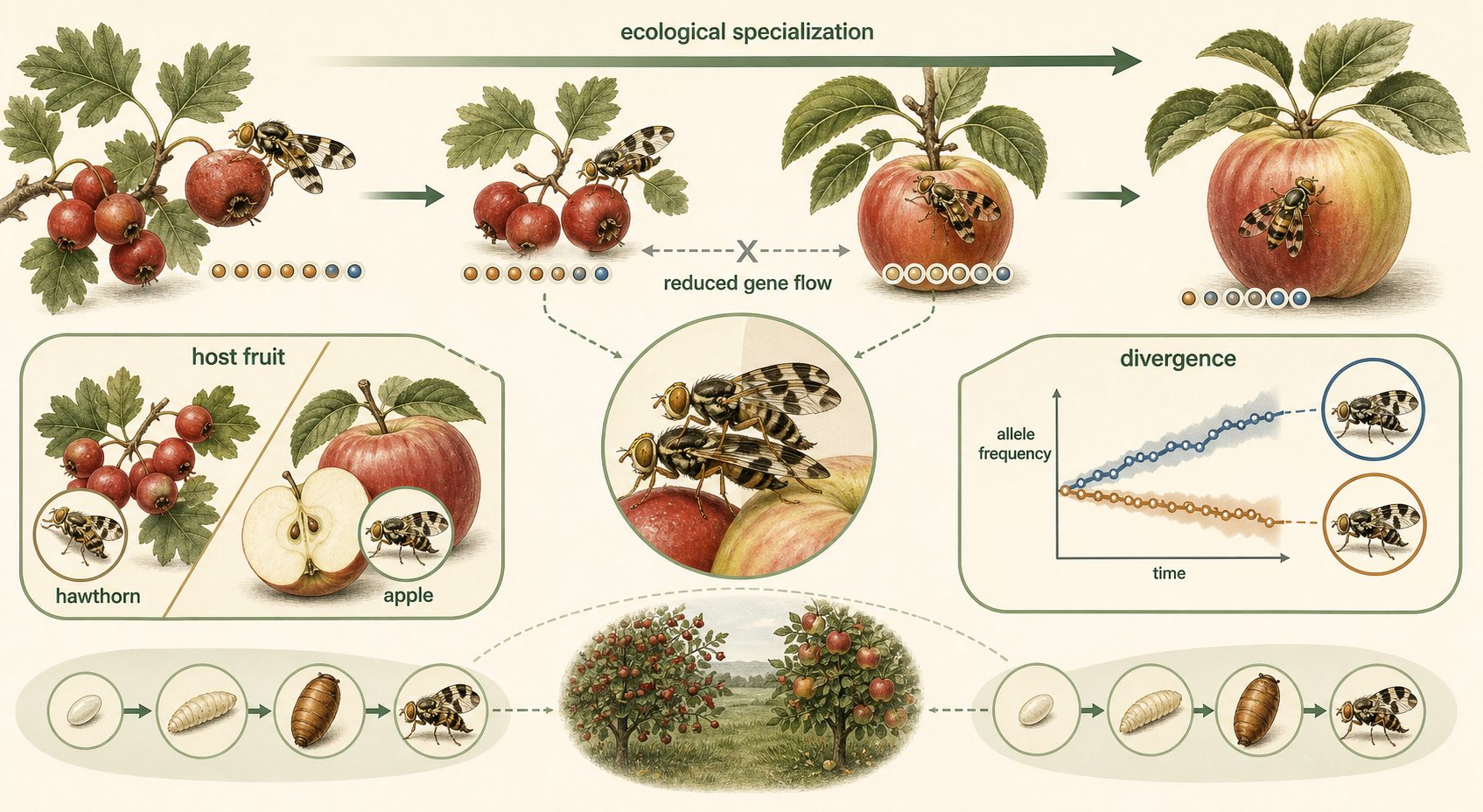 Apple maggot flies mate near hawthorn or apple fruits, reducing gene flow between host-associated groups.