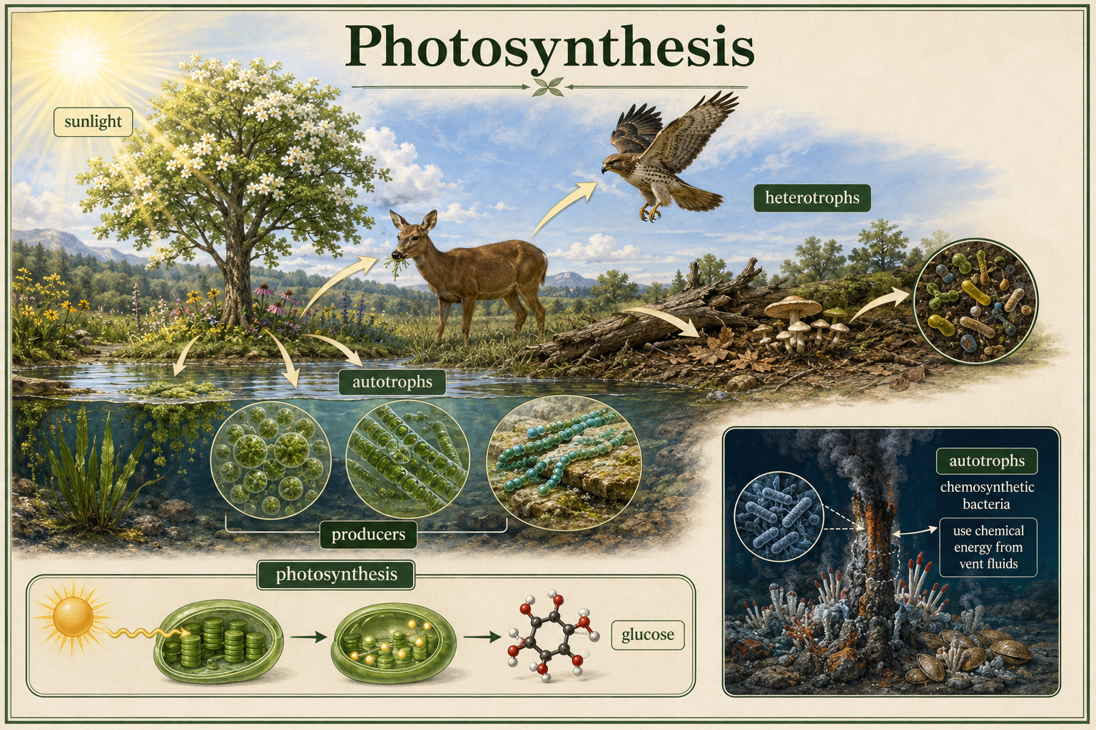 Photosynthetic autotrophs capture sunlight to make glucose, supporting heterotrophs through food webs.