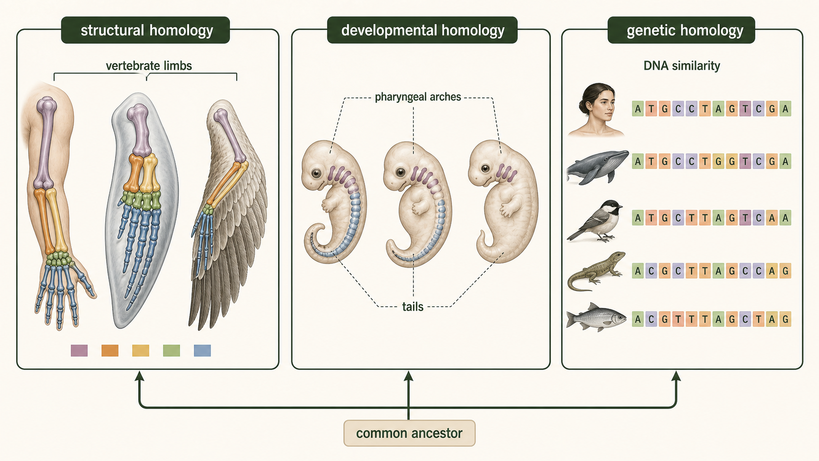 Vertebrate limbs, embryos, and DNA sequences show similarities inherited from common ancestors.