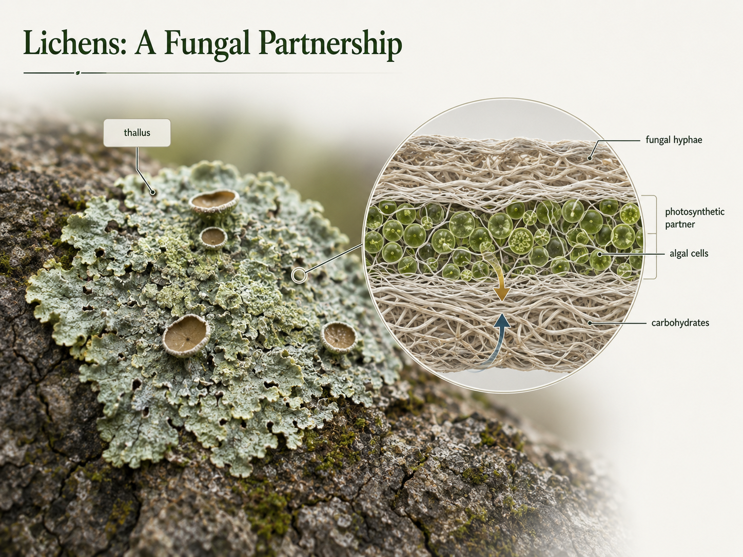 A lichen is a symbiotic partnership between a fungus and a photosynthetic alga or cyanobacterium. The fungus forms the thallus and provides protection and structure, while the photosynthetic partner provides carbohydrates.