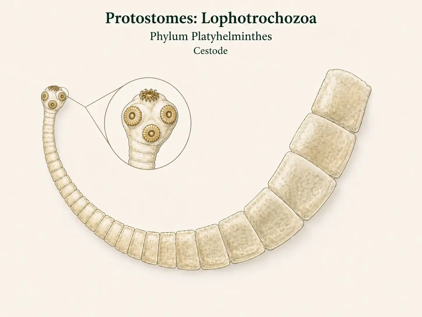 Tapeworm with a small anterior scolex and a long chain of repeated body segments.