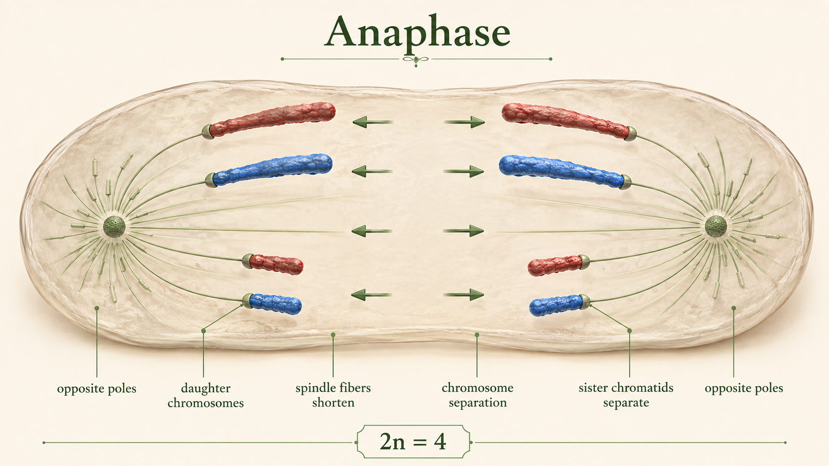 During anaphase, sister chromatids separate at their centromeres and become individual daughter chromosomes. Spindle fibers move the daughter chromosomes toward opposite poles so each future daughter cell receives an identical chromosome set.