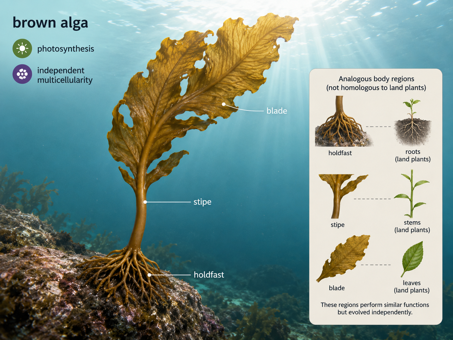 Brown algae are multicellular stramenopiles with plant-like structures such as holdfasts, stipes, and blades. These structures resemble plant organs in function but evolved independently.