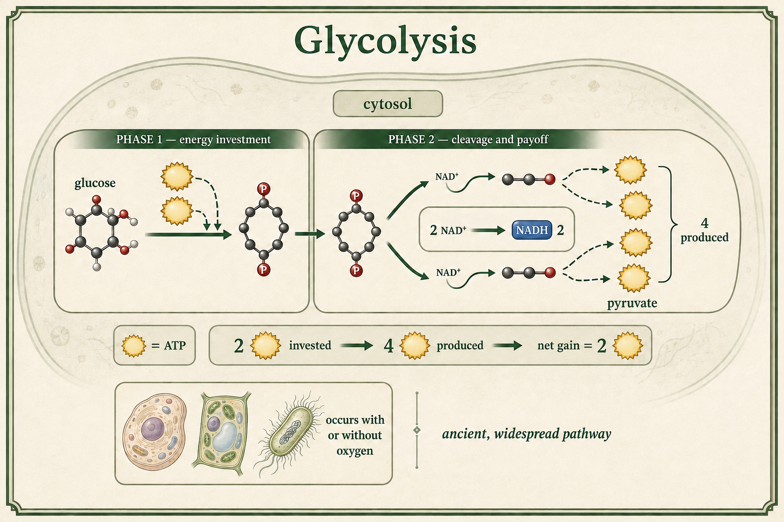 A pathway shows glycolysis in the cytosol, the Krebs cycle in the mitochondrion, and the electron transport chain making ATP.