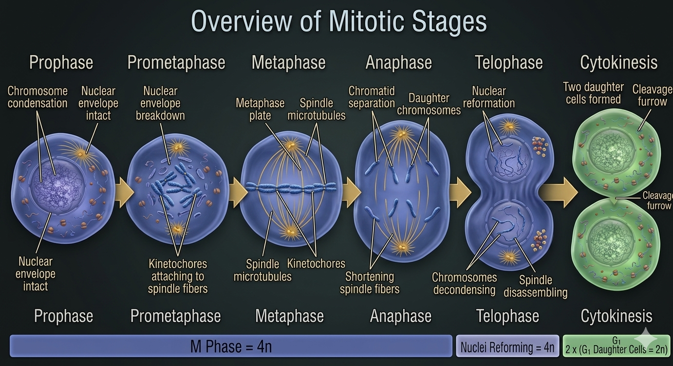 Mitosis proceeds through a continuous sequence of stages that coordinate chromosome condensation, spindle attachment, chromosome segregation, and nuclear reformation.