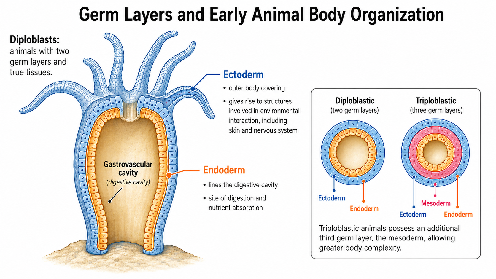 Germ layers in animal development.** Diploblasts have two germ layers: an outer ectoderm and an inner endoderm. Triploblasts have a third layer, the mesoderm, which allows more complex body structures to develop.