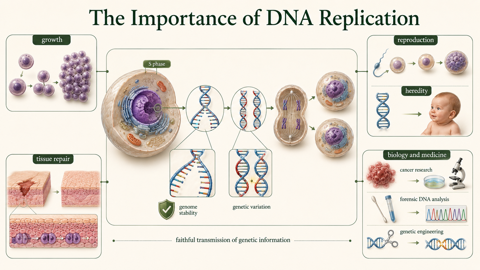 DNA replication supports cell division, growth, repair, reproduction, inheritance, and occasional genetic variation.