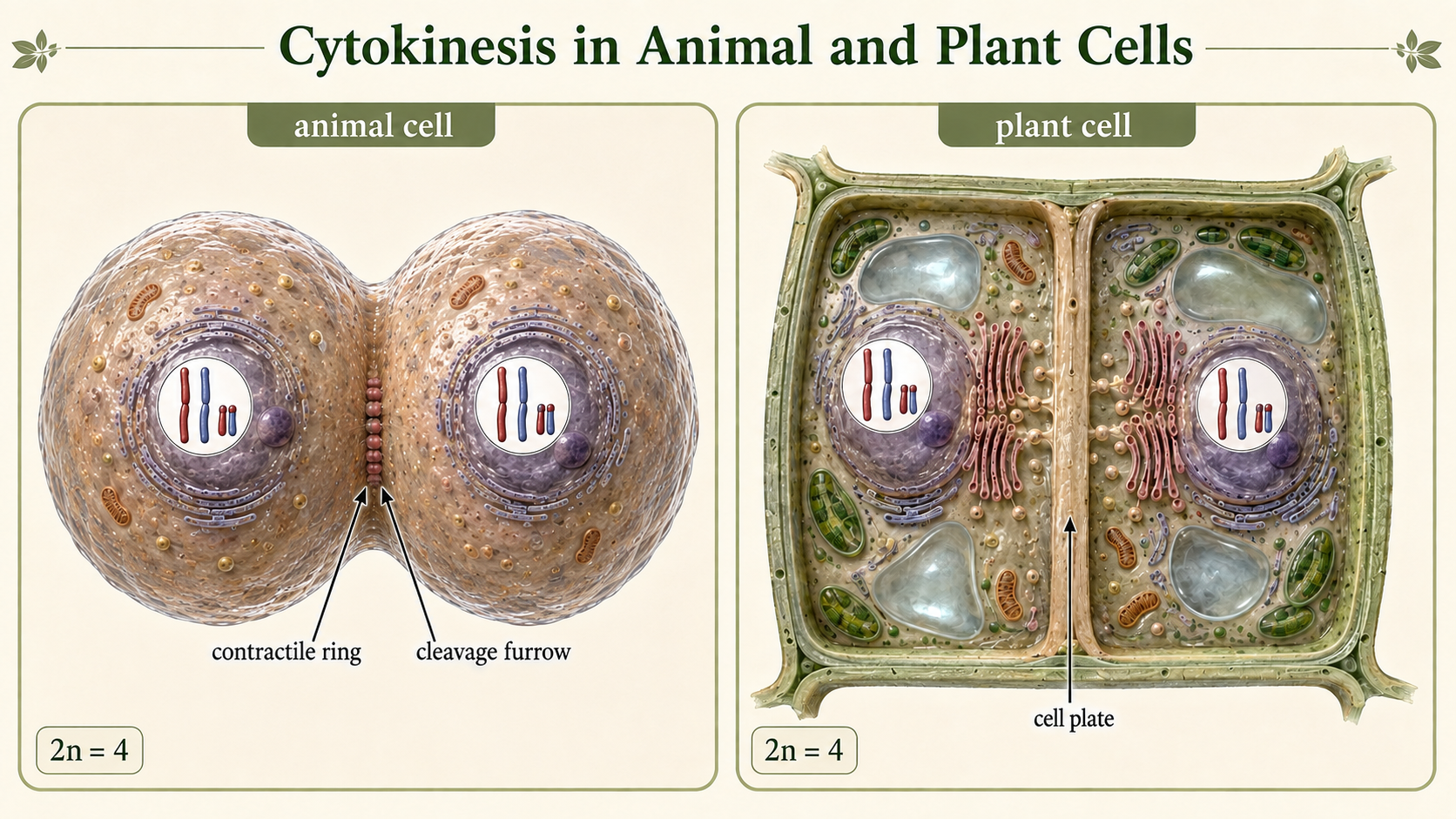 Split panel compares cytokinesis: an animal cell forms a cleavage furrow, while a plant cell forms a cell plate that develops into a new cell wall.